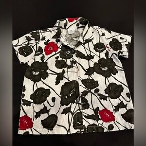 Men's Short-Sleeve Floral Button-Up Shirt - Black & White with Red Accents
